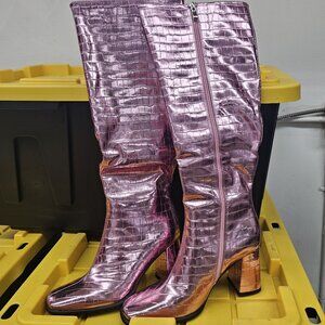 pink knee high zip up boots Modatope chunky heel size 9